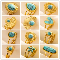 Turquoise Finger Jewelry Long Oval Sun Heart Water Drop Stainless Steel Rings For Women Men Accessories Gold Plated Open Anillos