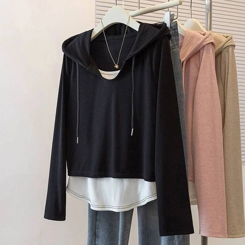 Spring Irregular Hem Women Long Sleeve Hooded T Shirt Fake Two Piece Korean Fashion All-match 2xl Oversized Pullover Black Khaki
