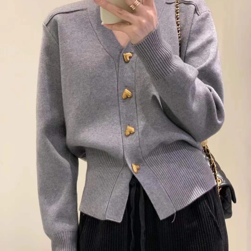 Spring Autumn Solid Color V-neck Long Sleeve Sweater Women High Street Button Patchwork Casual Cardigan Elegant All-match Tops