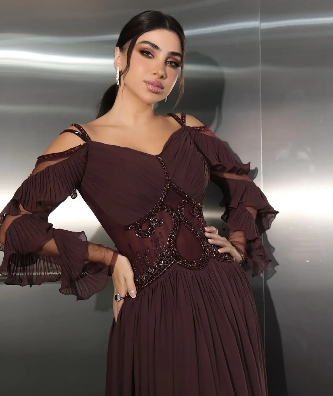 Vintage Long Sleeves Prom Dresses V Neck Vestidos De Noche Pleated Chiffon Beadings Women Evening Dresses image 4