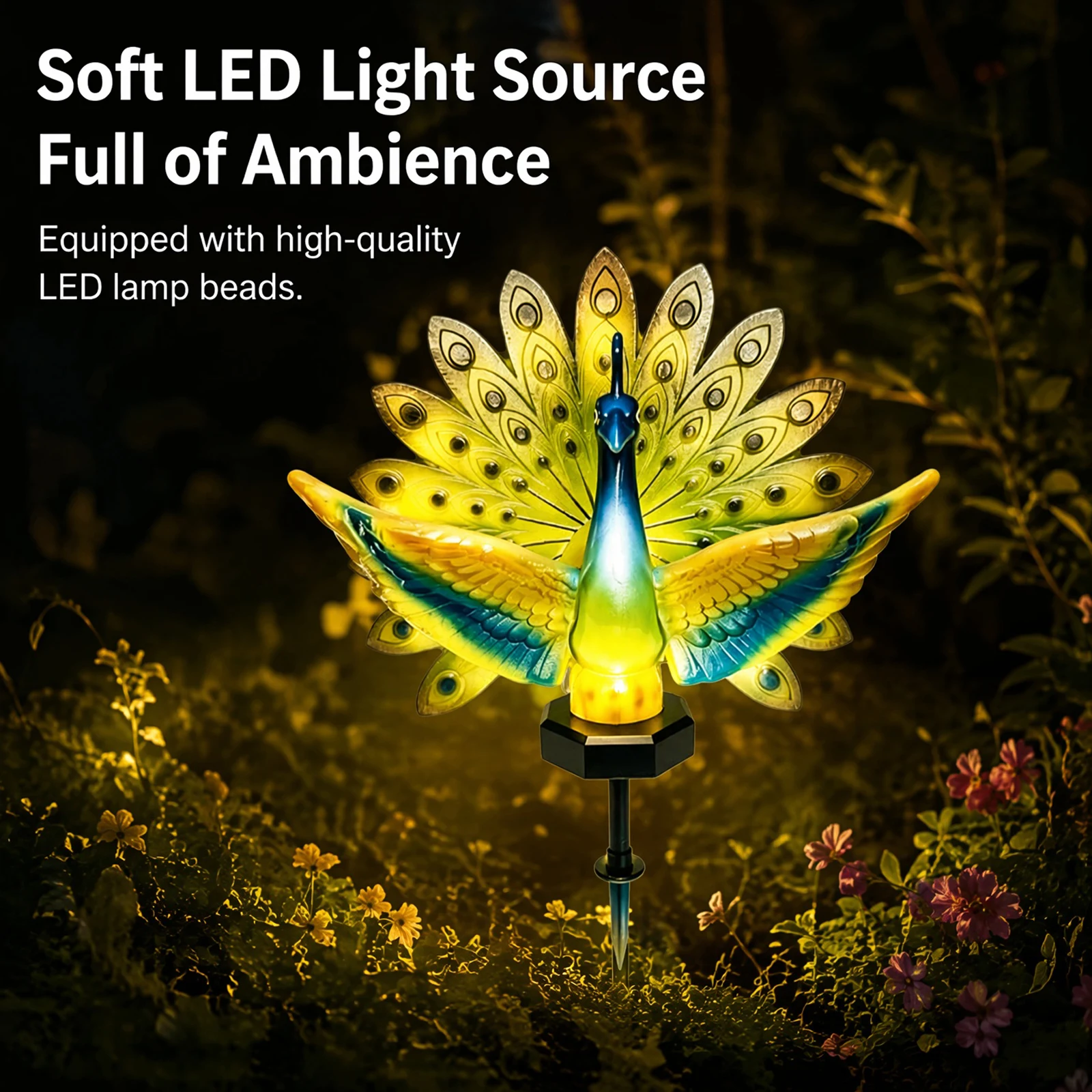 Solar Peacock Stake Sculpture Garden Outdoor LED Warm Glow Light Yard Lawn Decor Ornament