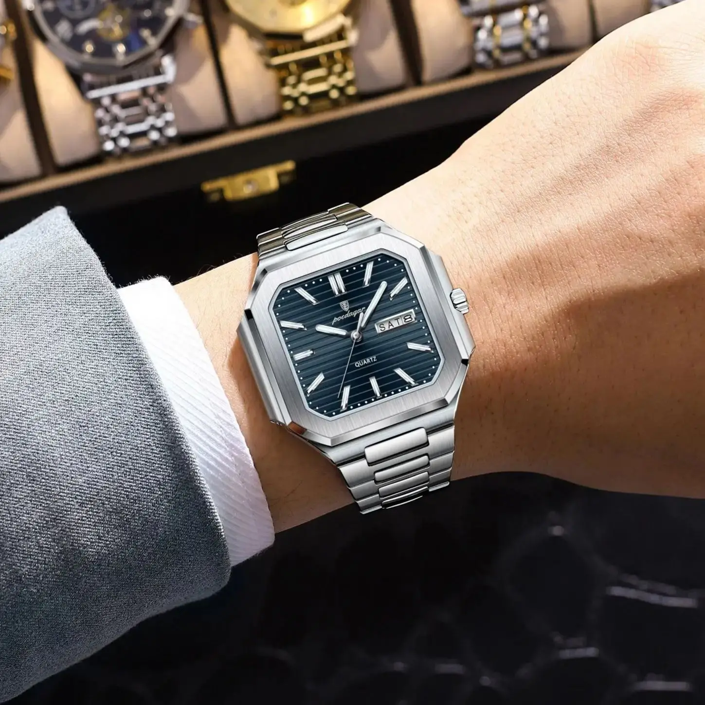 POEDAGAR Orologio da polso da uomo di moda quadrato di lusso impermeabile luminoso data settimana orologi da uomo al quarzo orologio da uomo in acciaio inossidabile Reloj