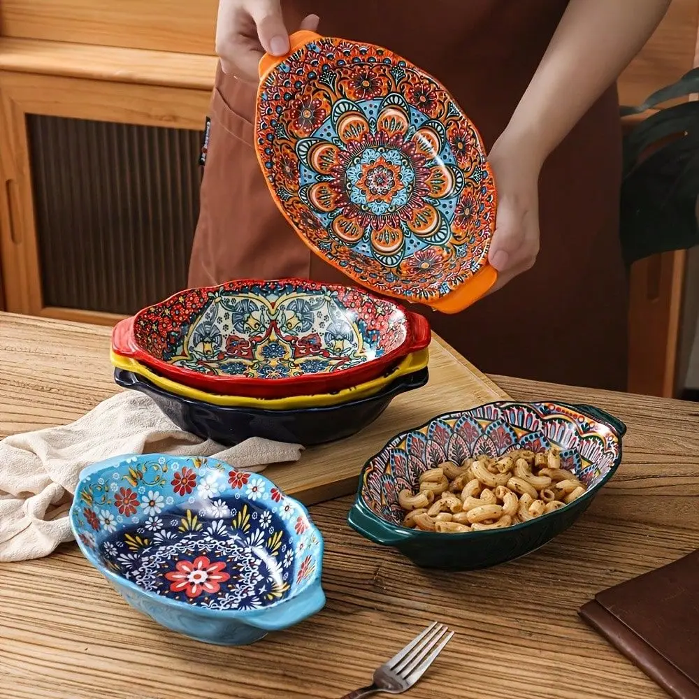 4-Piece Bohemian Ceramic Dinner Set, 9.5 Inch Hand-Painted Oval Plates With Double Handles. Nordic Style Serving Trays, Ov