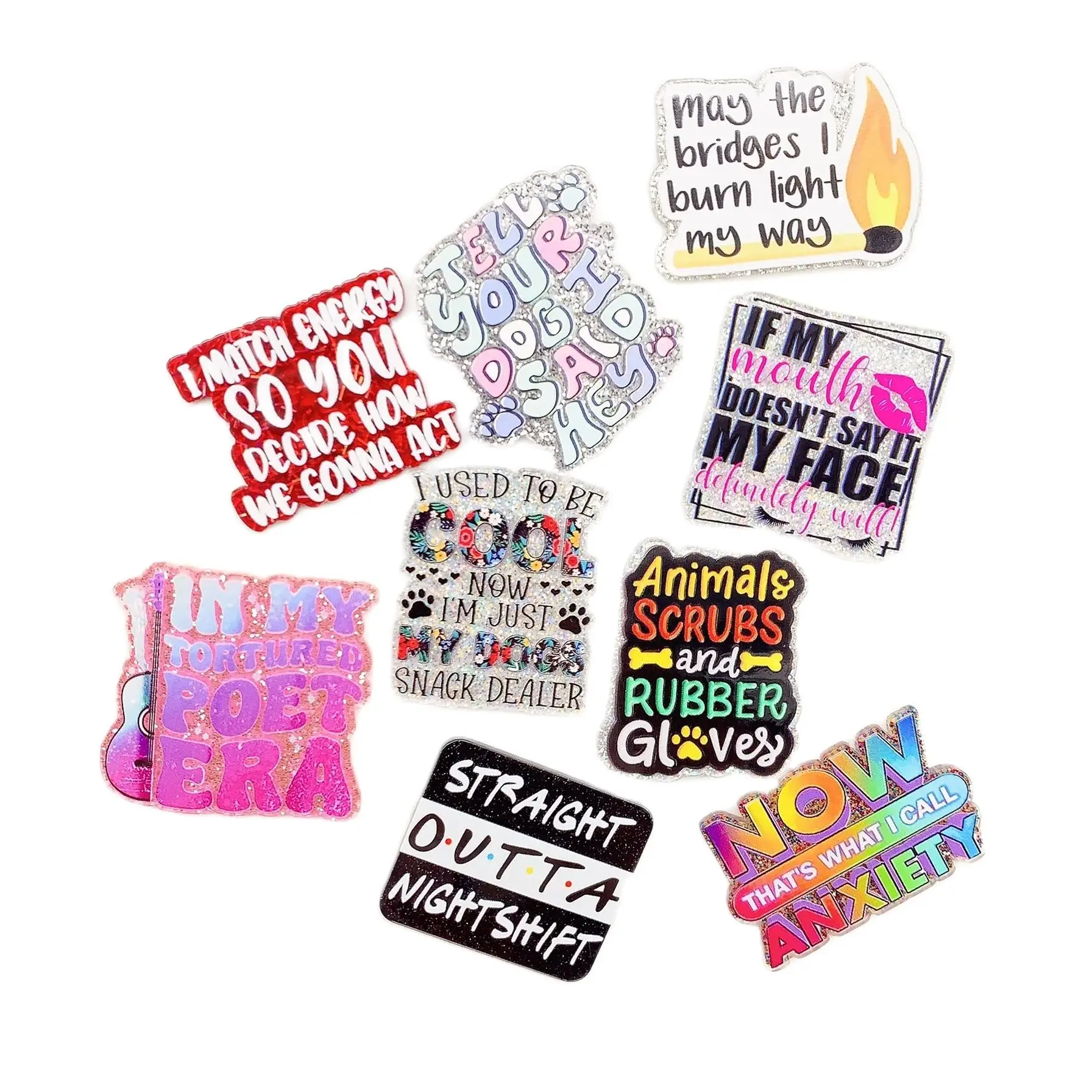 5PC Mixed Glitter Acrylic Poet Era Animals Scrubs Charms Flat Pendant Fit DIY ID Card Badge Holder Jewelry Making Nurse Gift