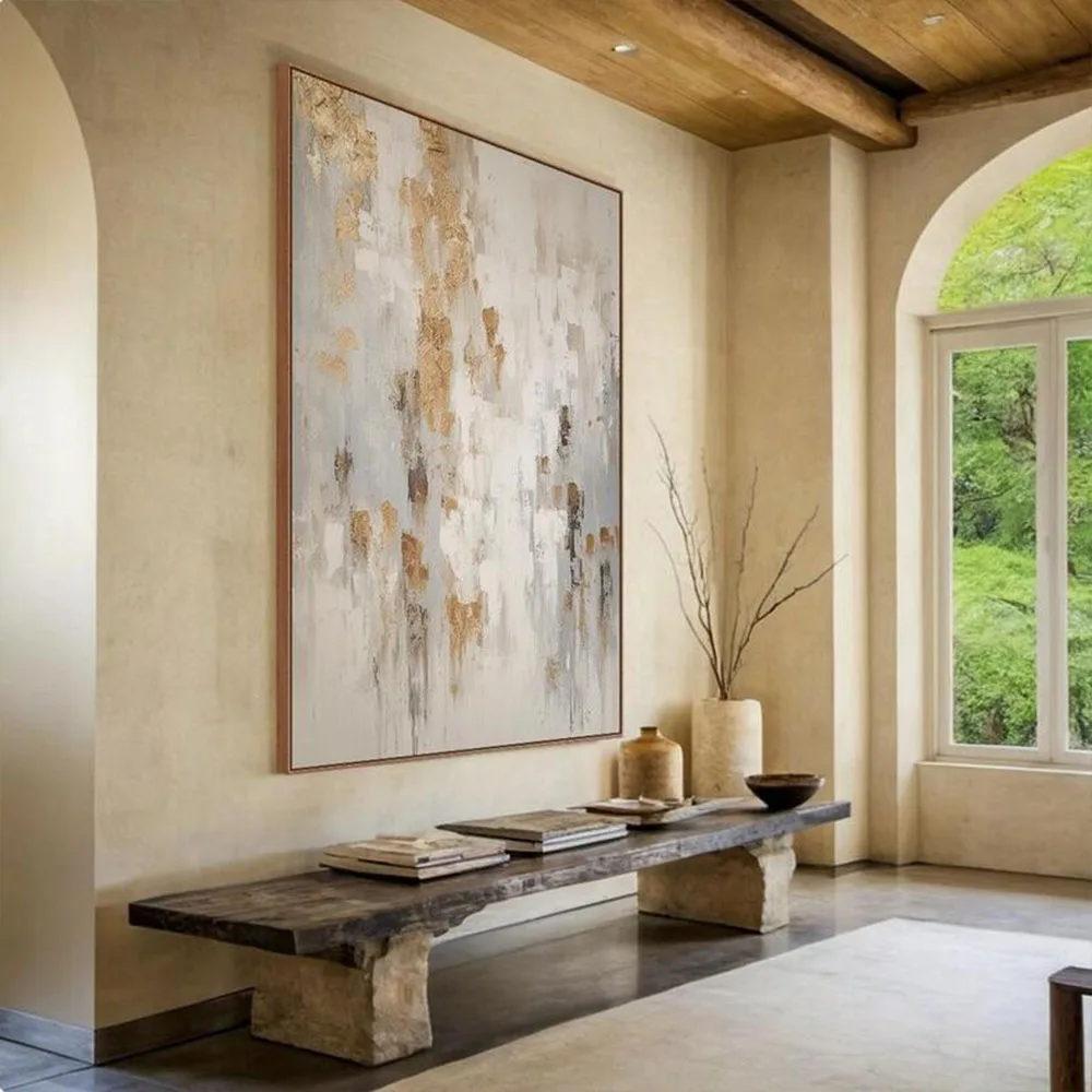 

Large Abstract Canvas Painting - Handmade Minimalist Beige Gray & Gold Texture Wall Art Original Home Decor