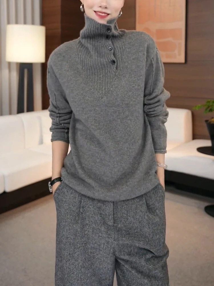 

Вязаный свитер большого размера с высоким воротником в корейском стиле, универсальный, для осени-зимы 2024