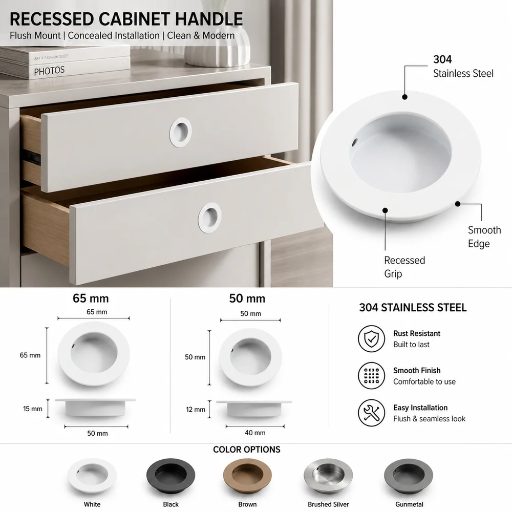 Stainless Steel Recessed Door Handle Flush Mount Concealed Installation Embedded Door Knob Round Shape Cabinet Handles