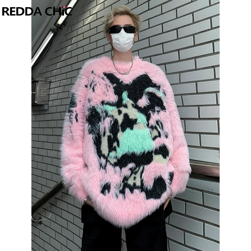 REDDACHIC Pink Plush Graffiti Mohair Sweater for Men Winter Warm Jacquard Jumper Top Loose Casual Knit Top Aesthetic Y2k Clothes