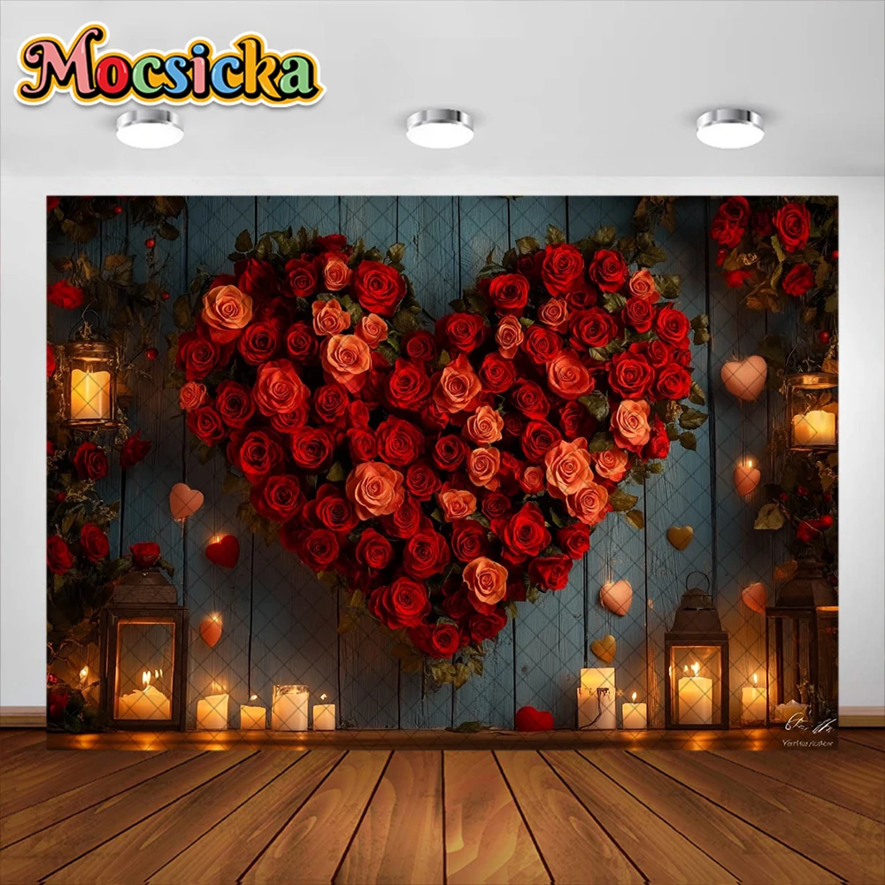 Valentine's Day Photography Background Red Rose Love Wooden Wall Decorative Backdrop Baby Shower Couple Portrait Studio Props