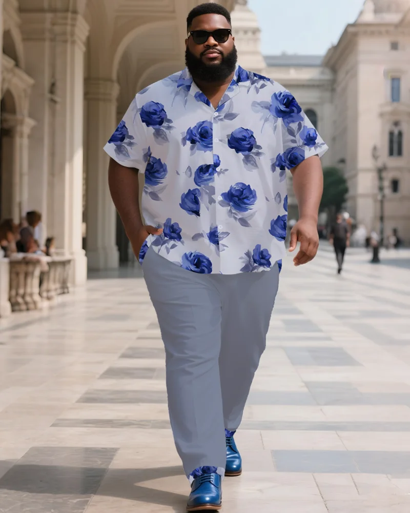 

S-9XL Men's Large Size Floral Short Sleeve Shirt and Long Pants Two-Piece Set