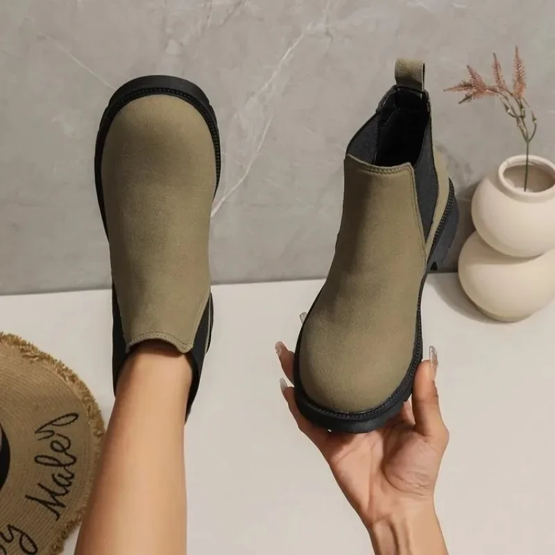 Women Botas Shoes Suede Ankle Boots Chelsea Black Boots Chunky Low Heel Female Autumn Fashion Platform Slip on Booties Mujer