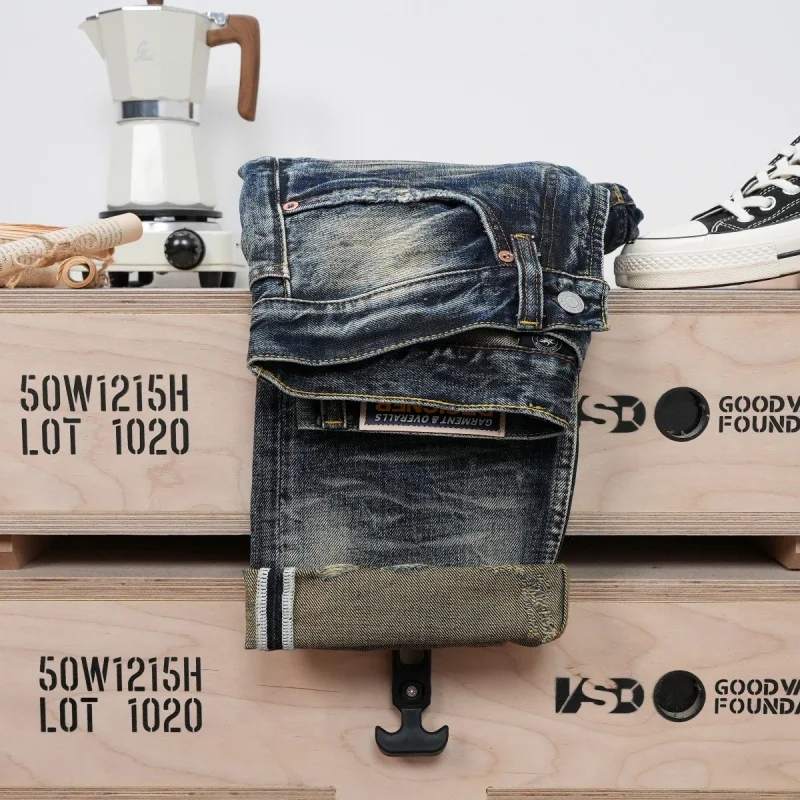 High-end trendy men's clothing, heavy-duty washed distressed jeans with holes and patches, slim-fit straight-leg pants, popular