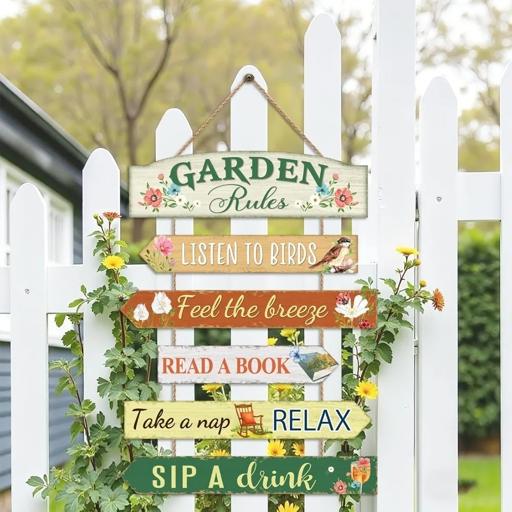 Retro Garden Wooden Hanging Sign Sun Resistant Anti-Fade Rustic Porch Wall Plaque with Rope Floral Print Decorative Quote Plate