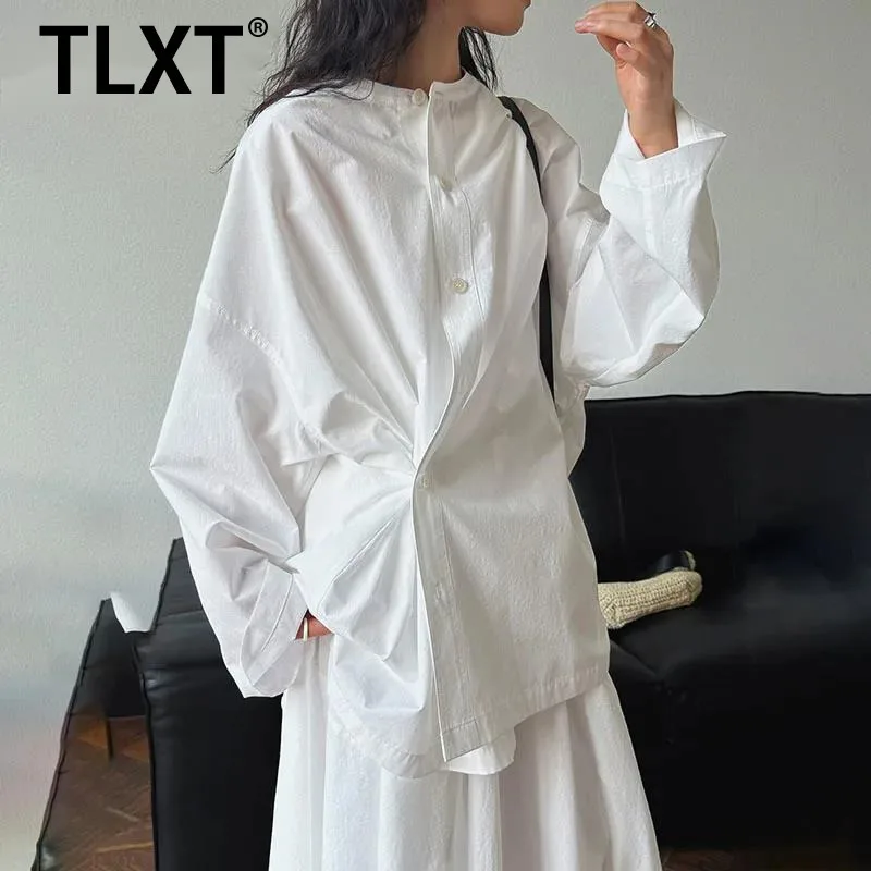 

TLXT однотонные рубашки в стиле минимализм для женщин, однобортные офисные женские блузки с круглым вырезом и длинными рукавами, женские топы, новинка лета 2023 г.