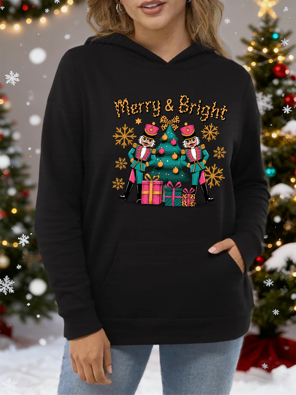 

Merry Bright Рождественские подарки с узором для женщин Y2K Толстовка Удобная хлопковая толстовка с капюшоном Свободные карманы Уличная одежда Осенние универсальные толстовки