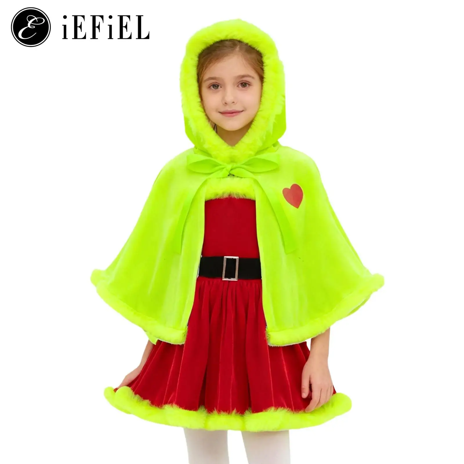 

Girls Christmas Princess Costume Plush Trim Sleeveless Santa Claus Dress with Waistbelt Hooded Shawl Cape Xmas Dress Up Outfits