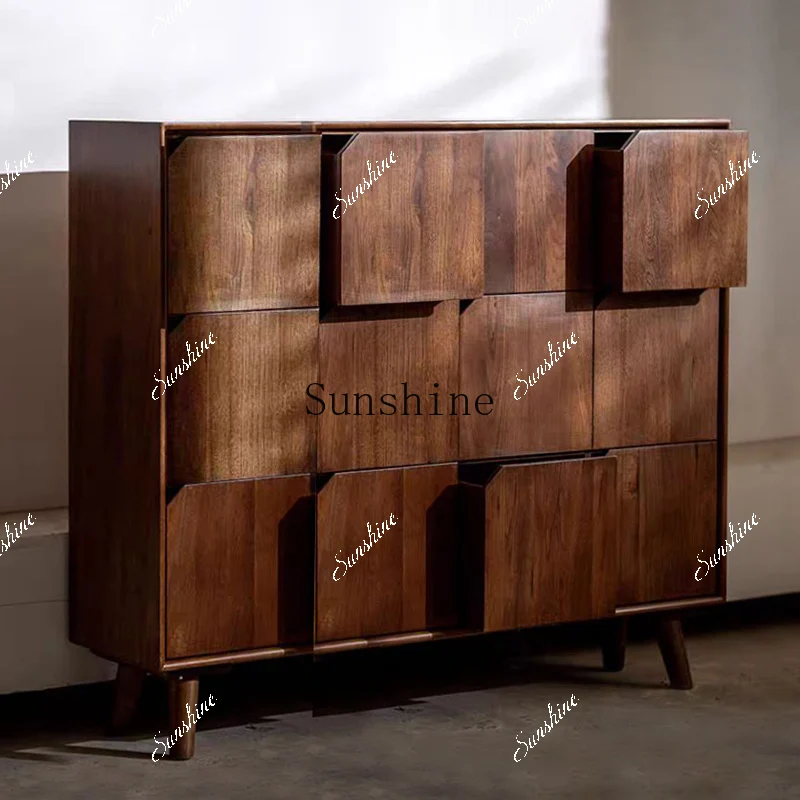 

Nordic black walnut solid wood nine-chest cabinet storage living room against the wall light luxury storage retro drawer FT