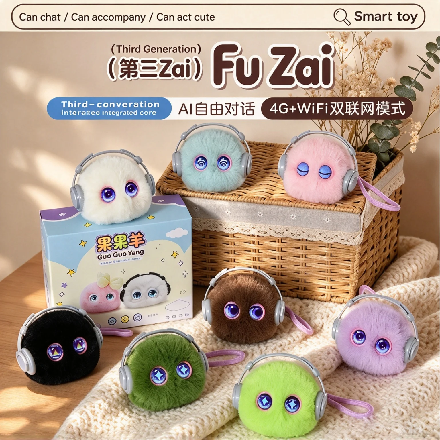 3rd Gen AI Smart Plush Companion Toy, Interactive Talking Doll with Blinking Eyes, WiFi & 4G Connect, Kids Cute Furry Pendant Gi