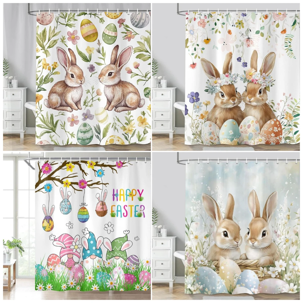 Spring Easter Bunny Shower Curtains Leaves Wildflower Watercolor Floral Rabbit Rustic Farmhouse Bathtub Bathroom Curtain Decor