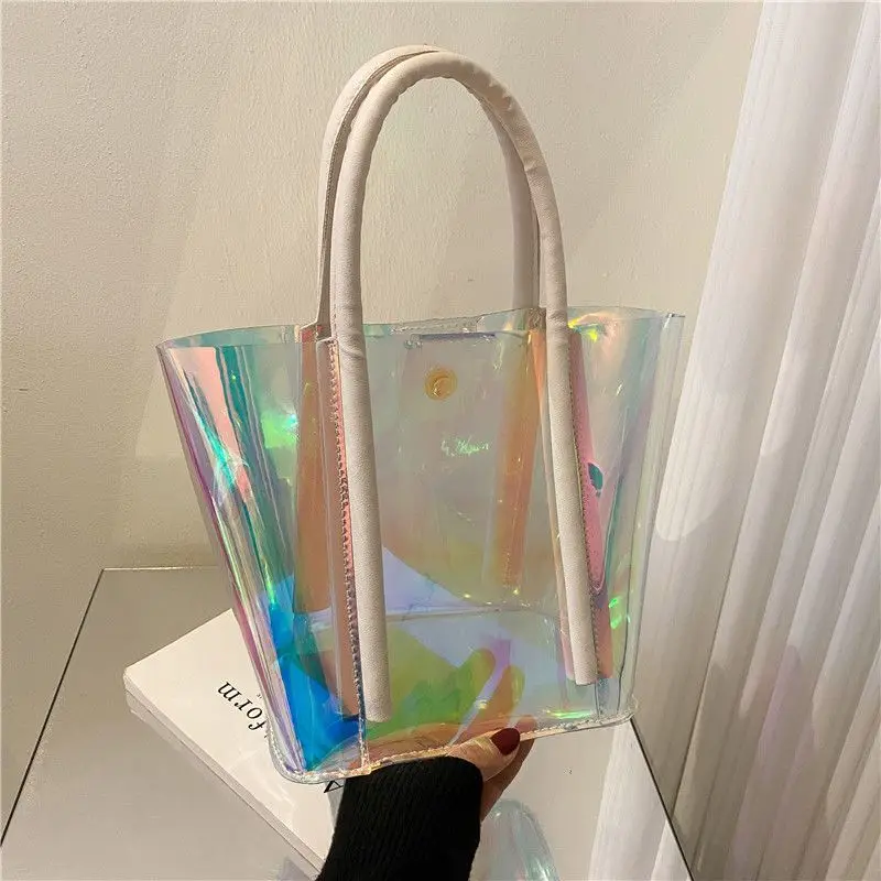 Saco de geléia laser transparente para mulheres, bolsa de ombro casual, rua, grande capacidade, amor Design, moda, novo, 2023