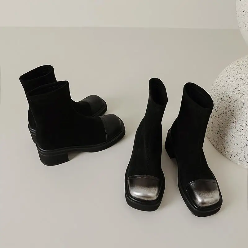 Krazing Pot Cow Leather Round Toe Thick High Heels Winter Warm Elastic Boots Mixed Color Fashion Gradient Color Ins Ankle Boots image 5
