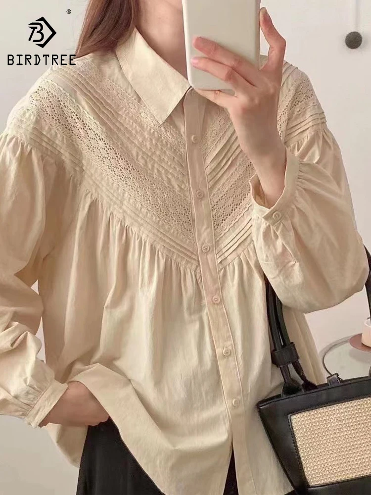 New Autumn Cotton Solid Shirts Women Lapel Collar Lace Tops Girl Puff Sleeve Loose Blouses Age Reduction Sweet Spring T39440QC