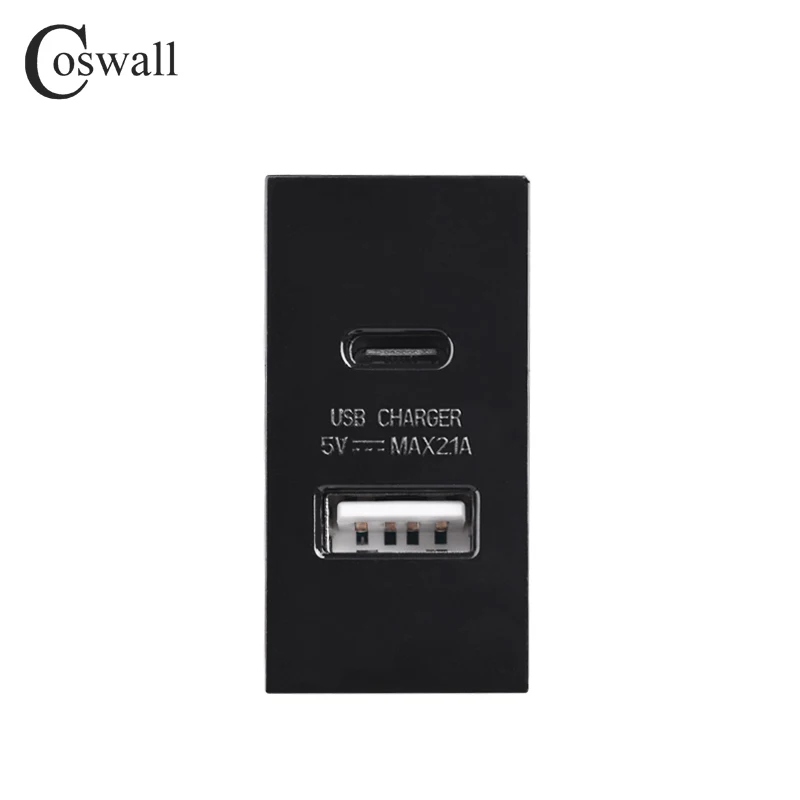 Tomada de Parede Série COSWALL-E45 e P45, E45, Branco e Preto, 45x22.5mm, Tipo-C e A, Carregador Dual USB, DC 5V, Módulo 2A Max, DIY, CA 100-240V