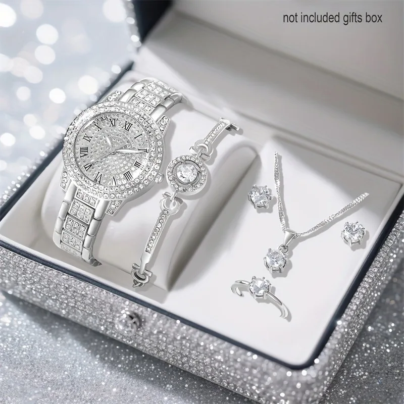 6PCS Fashion Full Diamond Women's Watch Gold Steel Band Analog Quartz Watches Jewelry Set（Without Box)