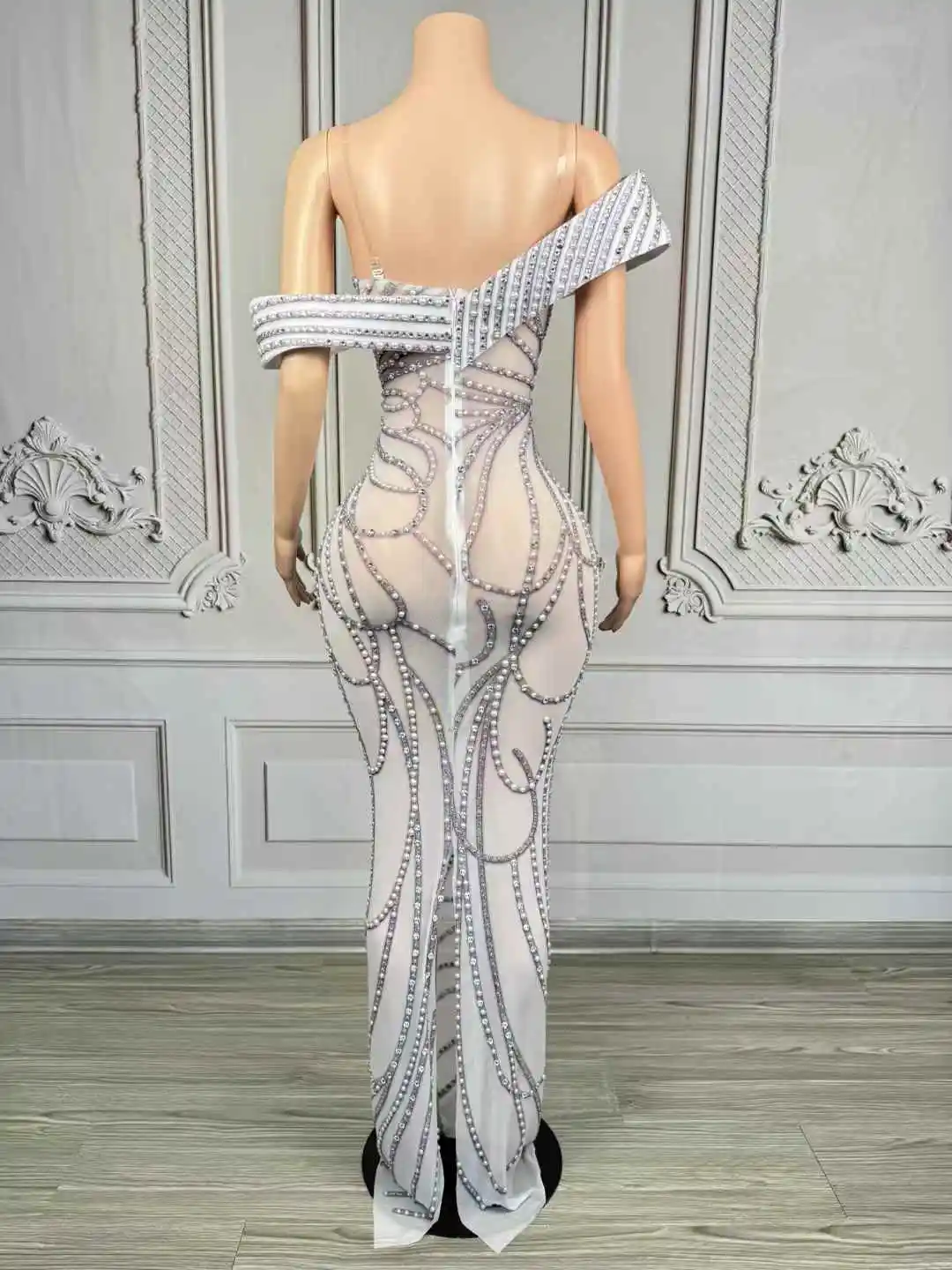 Sukienka wieczorowa z błyszczącymi perłami i cyrkoniami, damska, na urodziny, festiwal, występ, sesję zdjęciową, strój sceniczny.