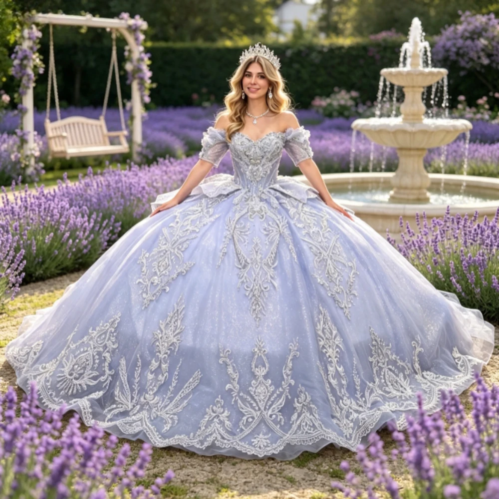 Customized Temperament Gorgeous Glitter Crystals Quinceanera Dresses Off The Shoulder Bow Lace Up Vestidos Attractive Ball Gown