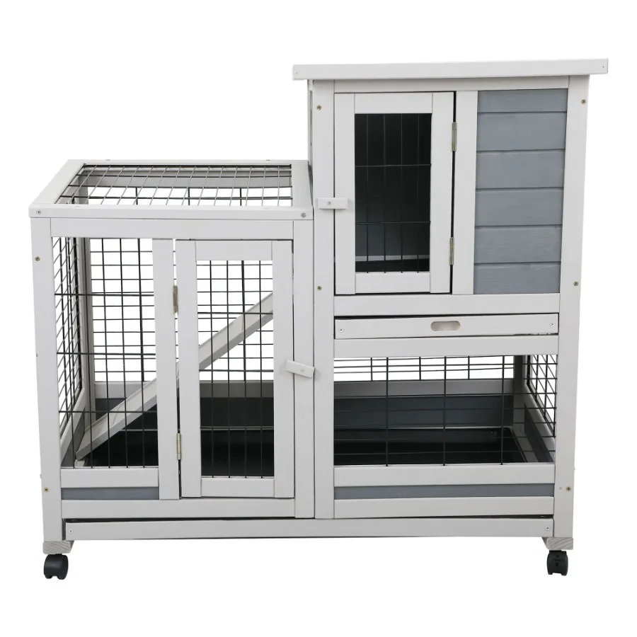 

Wooden Rabbit Hutch Outdoor Pet Bunny House Wooden Cage with Ventilation Gridding Fence Openable Door Cleaning Tray Gray XH