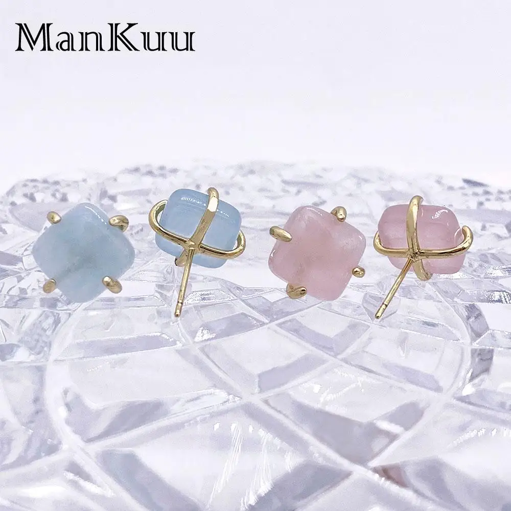 Mankuu 10mm Square Natural Crystal Stone Amethyst Rose Quartz Aquamarine Earrings Gold Plated Studs Jewelry For Women Gifts