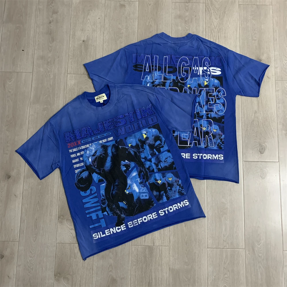 Washed Blue Majestik Eagle rugby player Diamond Inlaid T-shirt Men Women High Quality Tops Tees T Shirt