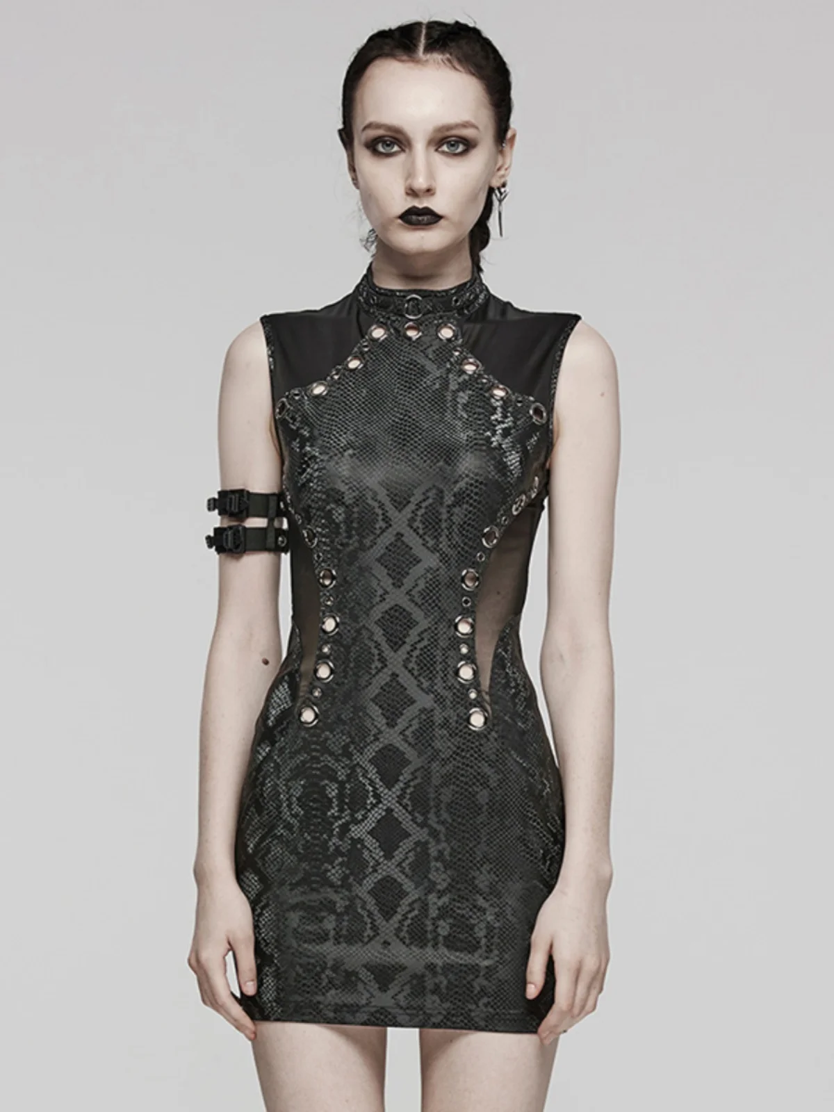 

Punk Black Side Waist Hollow out Sleeveless Women's Dress Snake Print Bodycon Tight Sexy Elastic Mesh Skirt Spring Summer