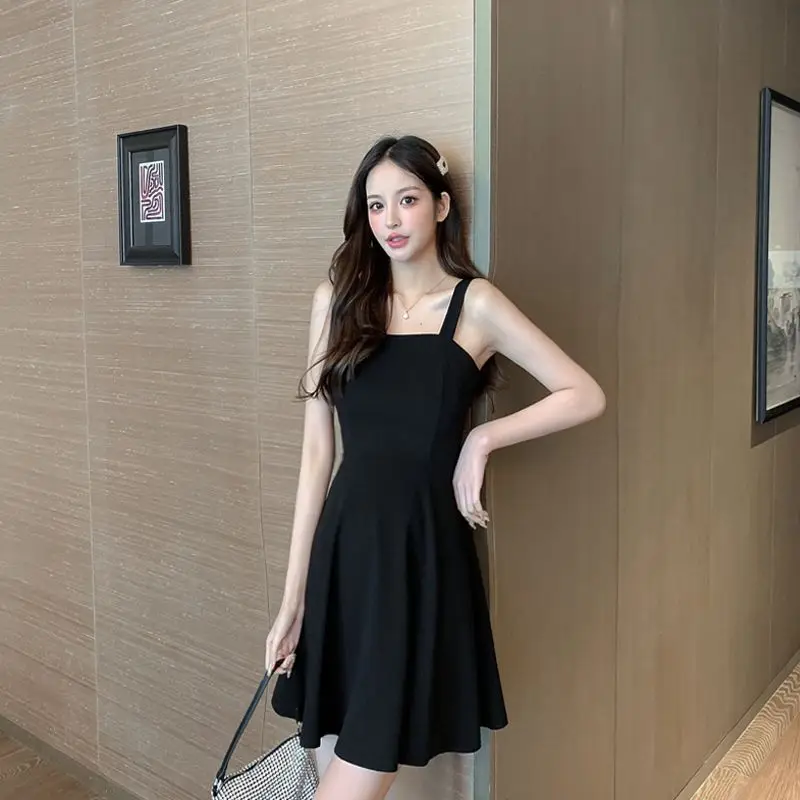 

Women French Retro Solid Color Suspender Versatile Elegant Dress