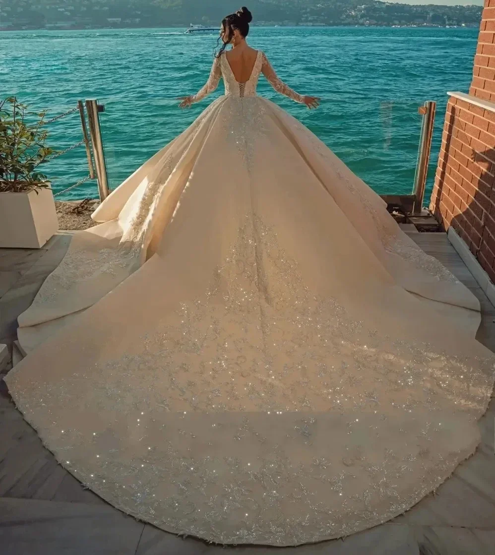 On Zhu Customized Ball Gown Wedding Dresses Collar Crystal Beads Long Sleeves African Bride Gowns Vestidos De Noiva 2025 image 3