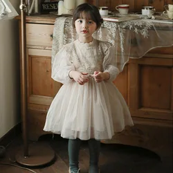 2025 Autumn Korean Version Baby Girls Pink Long Sleeves Mesh Princess Dress Kids French Lantern Sleeve Lace Elegant Ball Gown