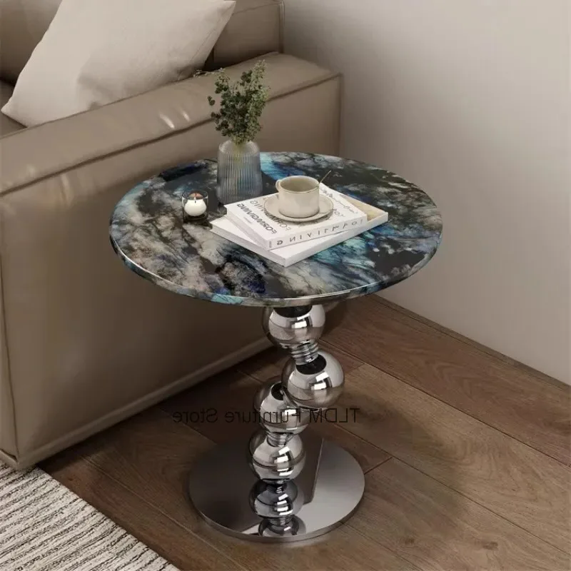 Stylish Modern Metal Luxury Round Ball Side Chrome Table Marble Base Pattern Tabletop Accent Table for Living Room Home Decor