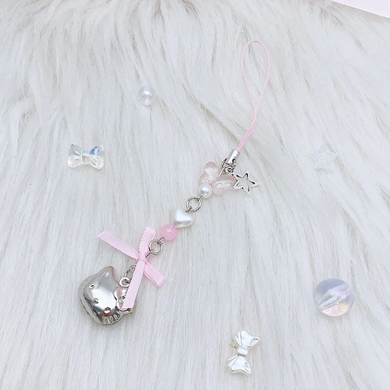 Kawaii Hello Kitty Phone Lanyard Cute Sweet Anime Beaded Phone Chain Y2K Aesthetic Mobile Phone Strap For Girl Gifts