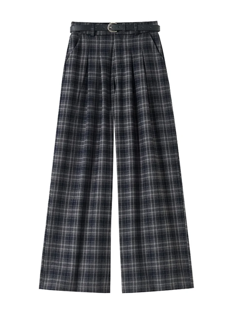 Pantalon à carreaux pour femmes, grand, américain, décontracté, ample, taille haute, jambe droite, élément de transport, sans étirement