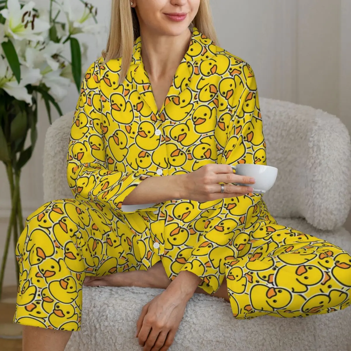 Pajamas Female Yellow Classic Ducks Daily Sleepwear Animal Two Piece Retro Pajama Sets Long Sleeve Elegant Oversize Home Suit