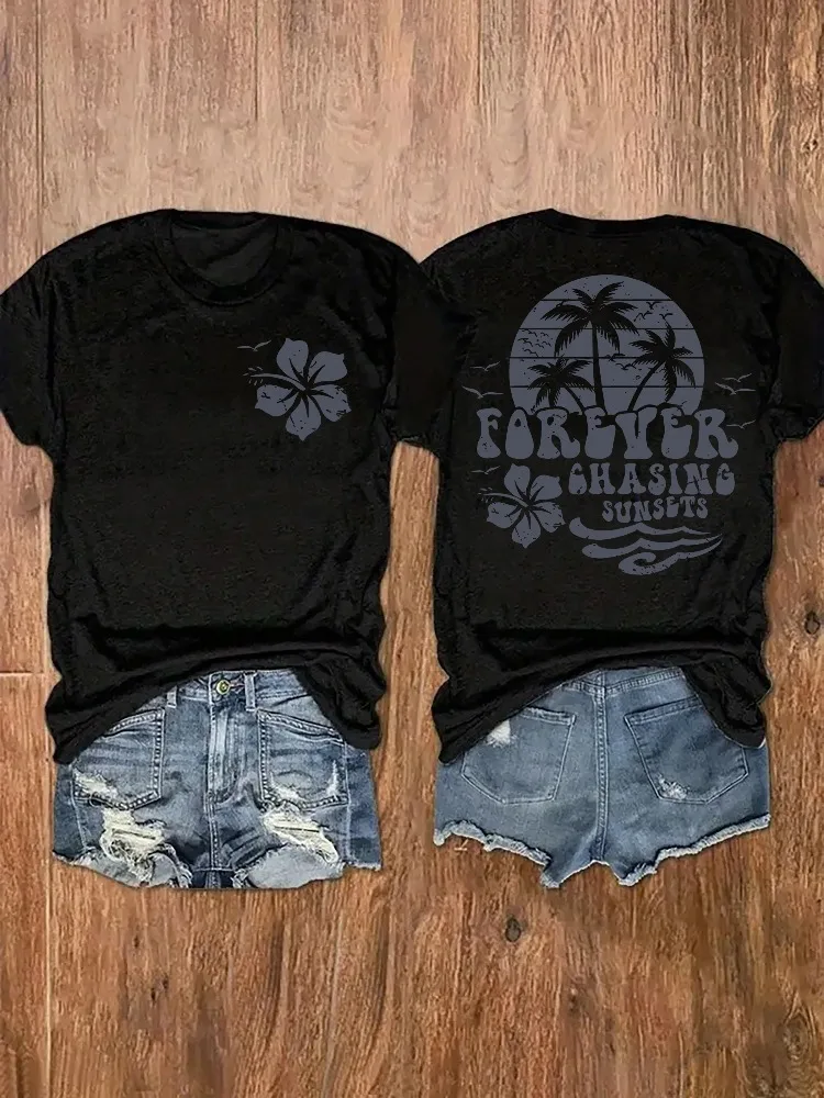 السيدات إلى الأبد مطاردة غروب الشمس نمط الاستوائية تي شيرت جولة الرقبة قصيرة الأكمام عارضة أعلى مع شجرة النخيل وطباعة الأزهار #2