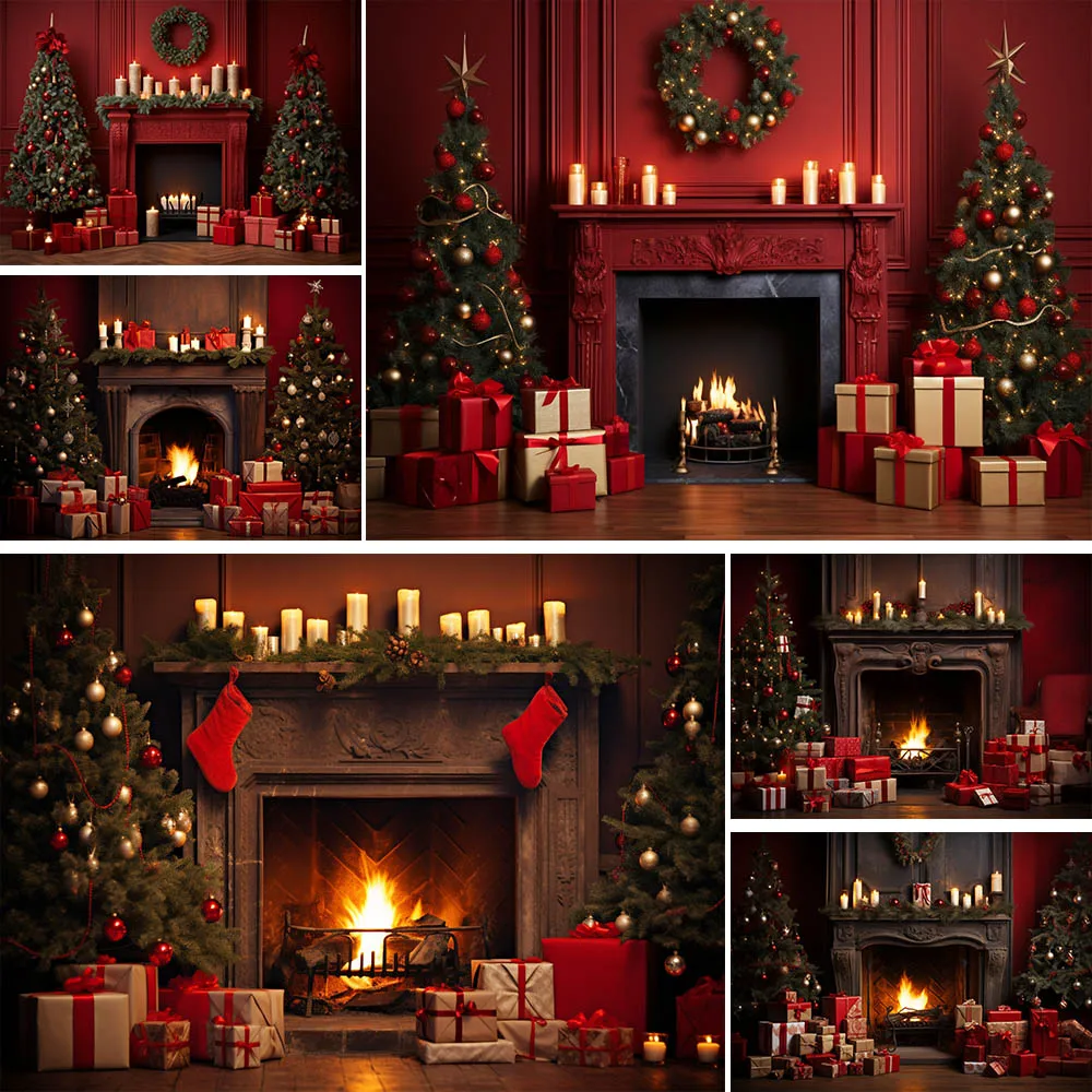 

Mocsicka Christmas Backdrop Red Wall Fireplace Xmas Tree Gifts Candle Family Portrait Photo Backgrounds Photo Studio Shoot Props