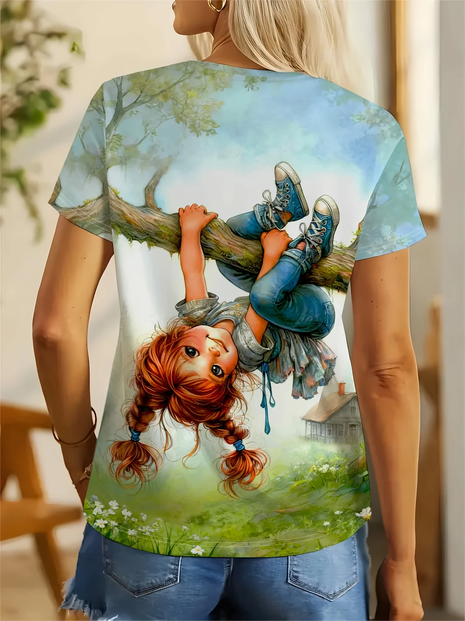 Women Crew Neck Short Sleeve T‑Shirt, Whimsical Red‑Haired Girl Hanging On Tree Branch Country Cottage Graphic Casual Summer Tee