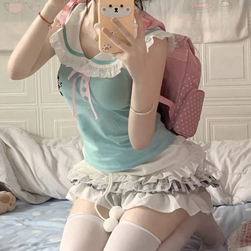 HOUZHOU Kawaii krótka spódniczka damska japońska Y2K Harajuku sznurowana elastyczna marszczenie w talii koronkowa patchworkowa biała Mini spódniczka Lolita urocza