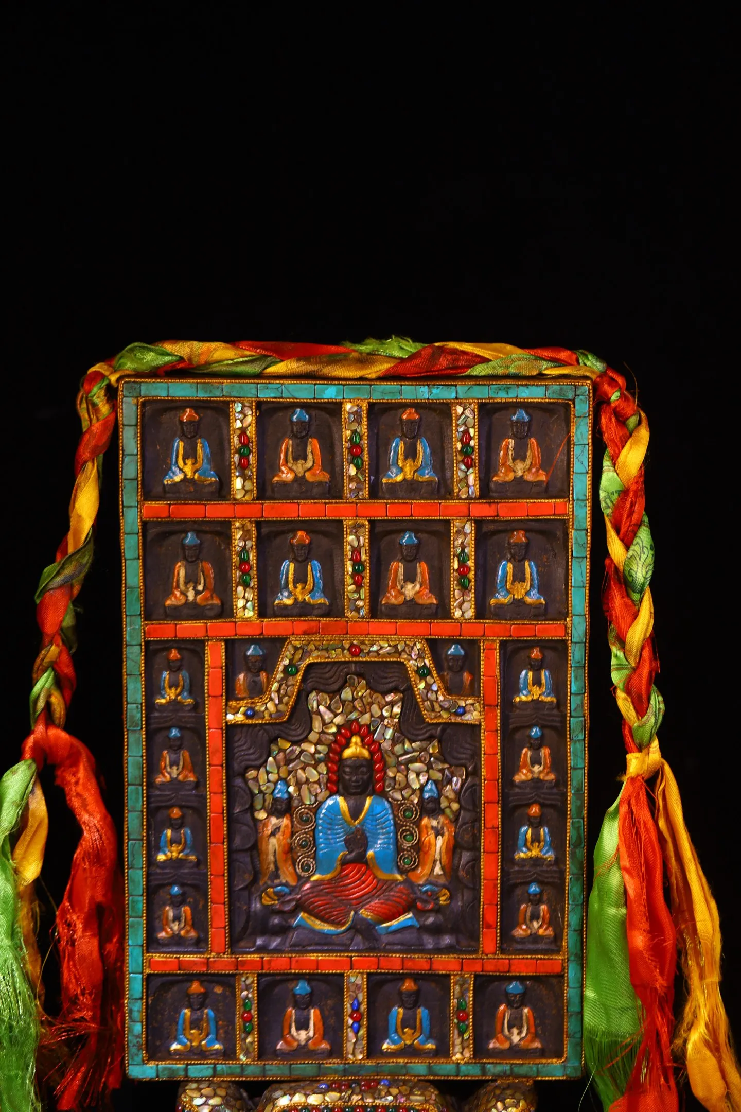 

15"Tibetan Temple Collection Old Natural Meteorite Mosaic Gem gZi Beads Turquoise Shakyamuni 20 Buddhist plaques Worship Hall