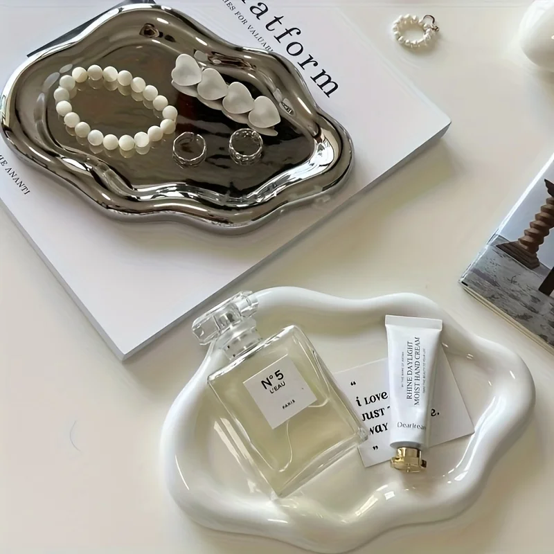1pc Irregular Cloud-Shaped Jewelry Tray, Wavy Edge Dressing Storage Tray, Plastic Decorative Tray, Organizing Storage Tray