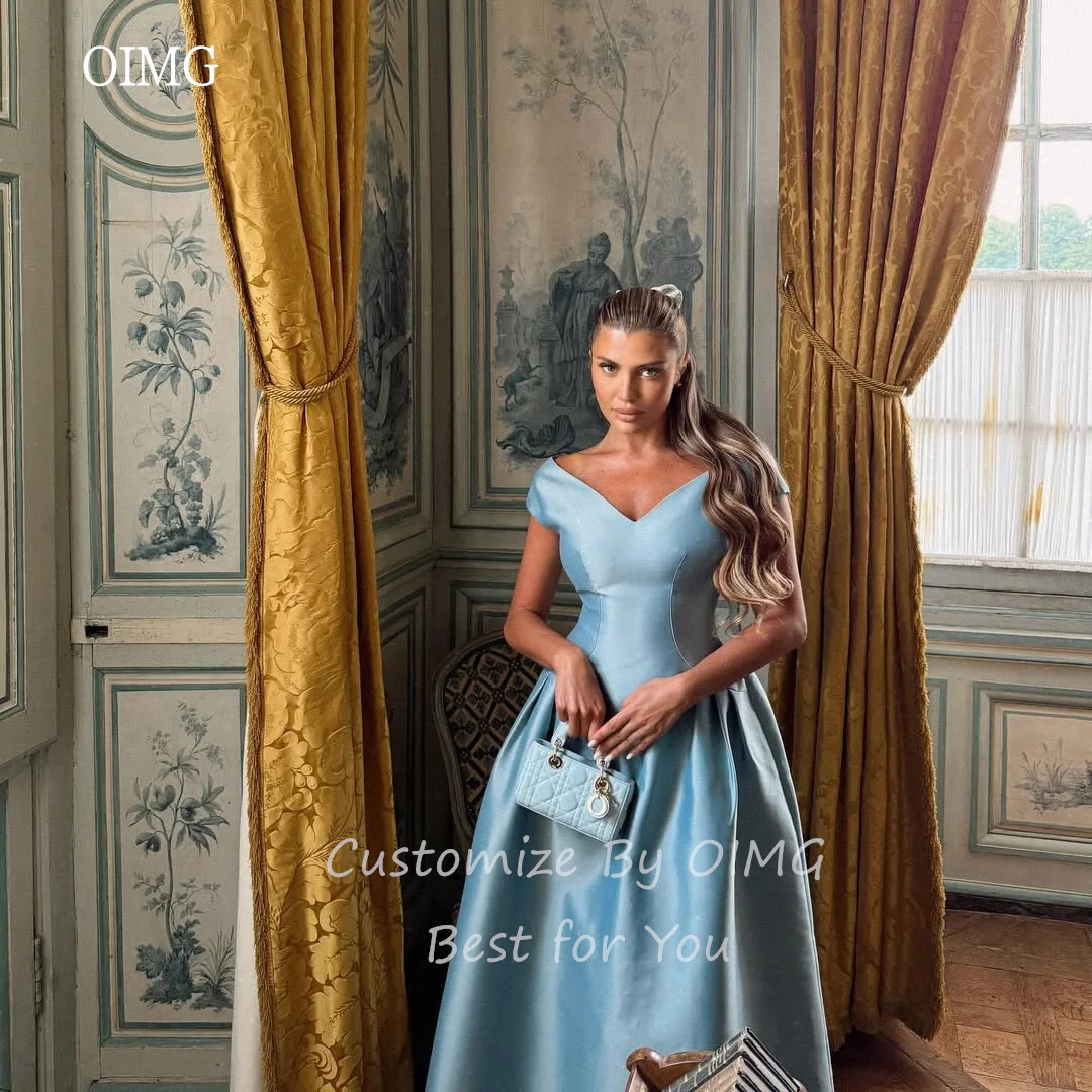 Oimg azul fora do ombro uma linha vestidos de baile cetim sem costas formal vestido de festa tornozelo comprimento vestido de noite personalizado