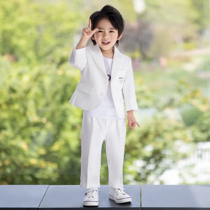 

Children White Baptism Jacket Pants Photography Suit Flower Boys Party Host Speech Ceremony Costume Kids Birthday Wedding Dress