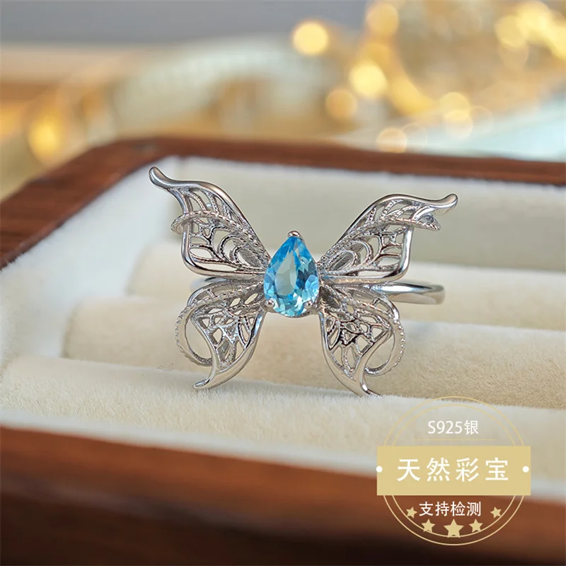 

Оригинальное кольцо из стерлингового серебра 925 пробы с натуральным синим топазом в форме бабочки для женщин, кольцо изменяемого размера